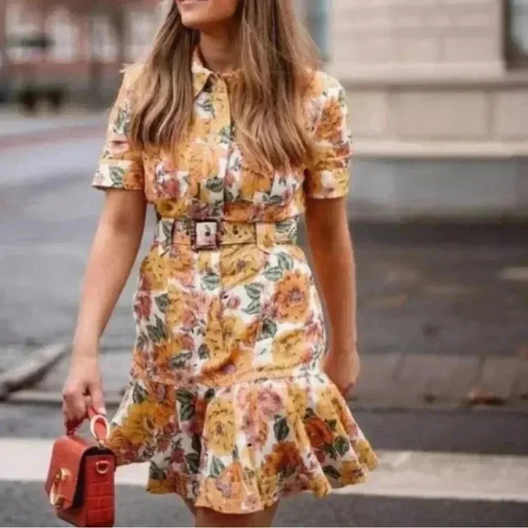 Zimmermann Poppy Belted Mini Dress 0 US4 Linen Short Sleeve Floral Shirt Dress - Picture 2 of 15